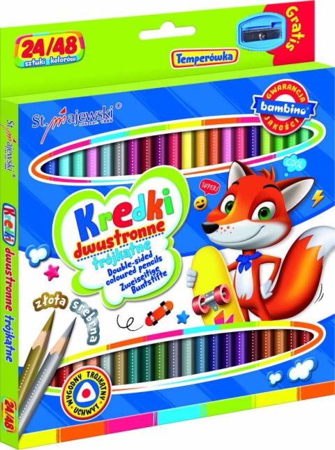BAMBINO Kredki szkolne trójkątne dwustronne 24/48 kolory + temperówka BAMBINO Kredki szkolne trójkątne dwustronne 24/48 kolory + temperówka