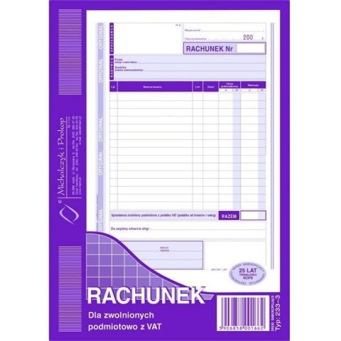 RACHUNEK DLA ZWOLNIONYCH Z VAT A5 PION (O+1K) MICHALCZYK I PROKOP RACHUNEK DLA ZWOLNIONYCH Z VAT A5 PION (O+1K) MICHALCZYK I PROKOP