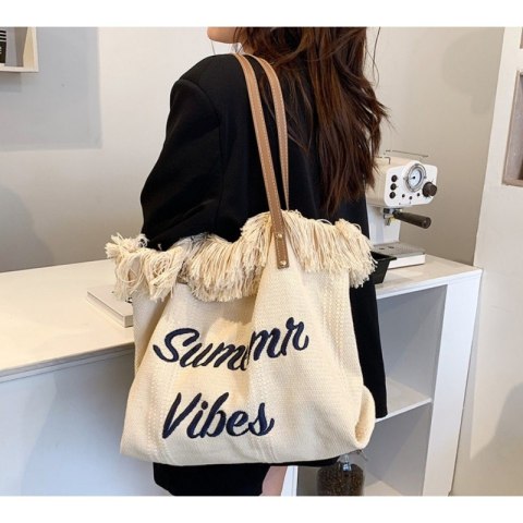 TORBA PLAŻOWA , na zakupy duża i pojemna z frędzlami BOHO, kremowa TP11B