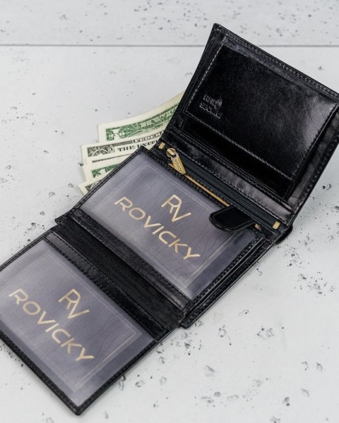 Klasyczny portfel męski ze skóry naturalnej z miejscem na dowód rejestracyjny, RFID - Rovicky Klasyczny portfel męski ze skóry naturalnej z miejscem na dowód rejestracyjny, RFID - Rovicky