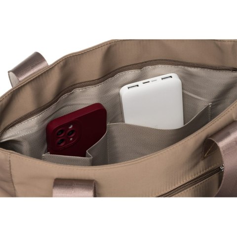 Nylonowa torebka damska w beżowym kolorze ze srebrnymi okuciami - Peterson