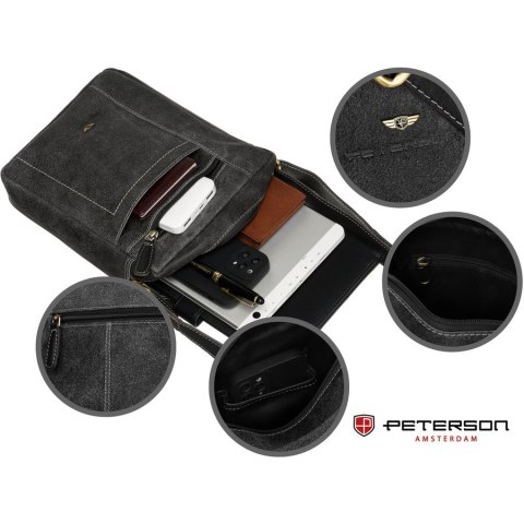 Czarna listonoszka męska ze skóry naturalnej zawieszona na regulowanym pasku - Peterson