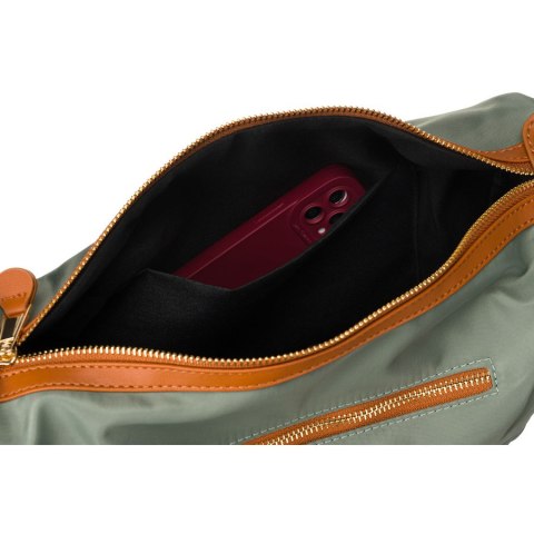 Nylonowa listonoszka damska w zielono-brązowym kolorze z zewnętrzną kieszenią - Peterson
