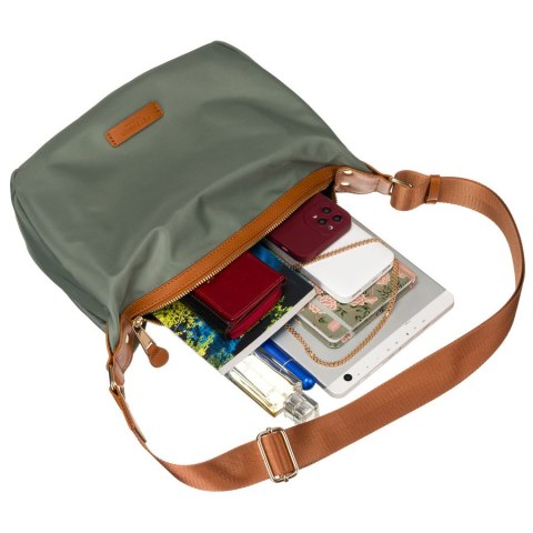 Nylonowa listonoszka damska w zielono-brązowym kolorze z zewnętrzną kieszenią - Peterson