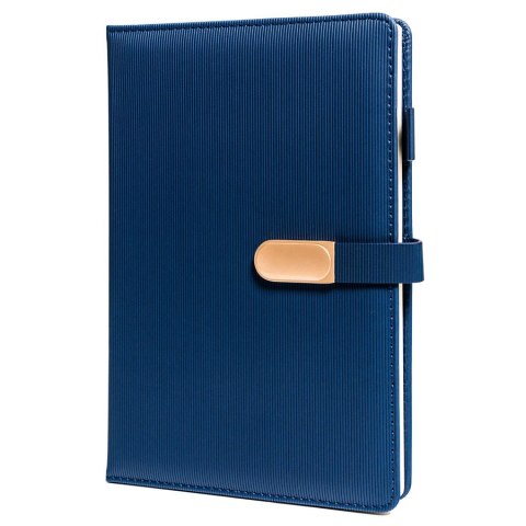 Zestaw prezentowy: elegancki, granatowy notes A5 w linie i długopis z czarnym wkładem - Peterson