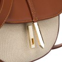 Półokrągła beżowo - brązowa listonoszka damska ze skóry naturalnej i płótna canvas Peterson