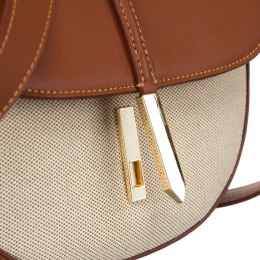 Półokrągła beżowo - brązowa listonoszka damska ze skóry naturalnej i płótna canvas Peterson