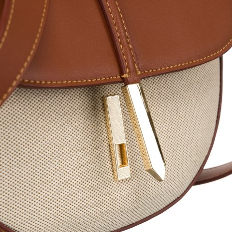 Półokrągła beżowo - brązowa listonoszka damska ze skóry naturalnej i płótna canvas Peterson