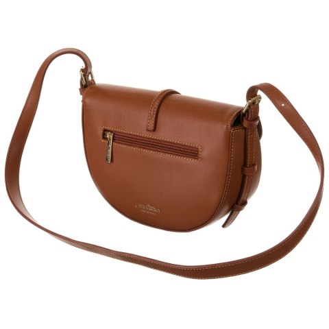 Półokrągła beżowo - brązowa listonoszka damska ze skóry naturalnej i płótna canvas Peterson