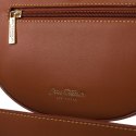 Półokrągła beżowo - brązowa listonoszka damska ze skóry naturalnej i płótna canvas Peterson