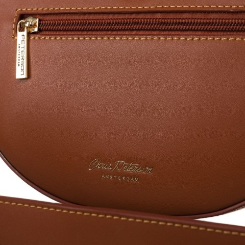 Półokrągła beżowo - brązowa listonoszka damska ze skóry naturalnej i płótna canvas Peterson