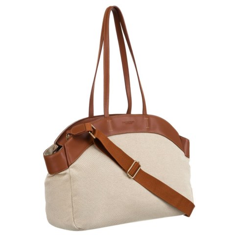 Duża torba damska wykonana ze skóry naturalnej i włókna poliamidowego w beżowo-brązowym kolorze - Peterson