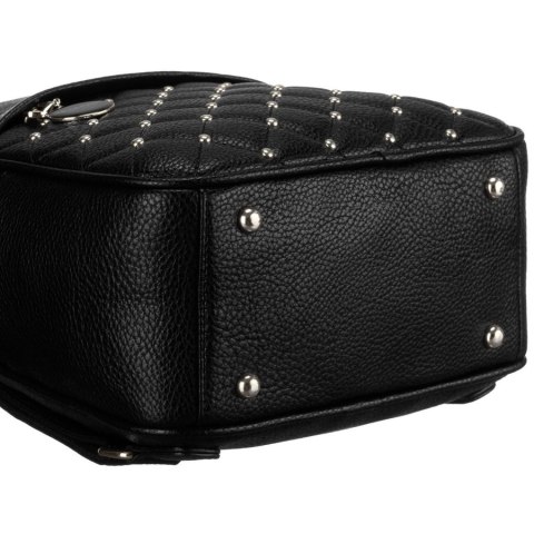 Elegancki czarny mały plecak damski zdobiony pikowaniem i srebrnymi nitami eko skóra Peterson