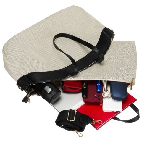 Miejska torba damska wykonana ze skóry naturalnej i włókna poliamidowego w beżowo-czarnym kolorze - Peterson