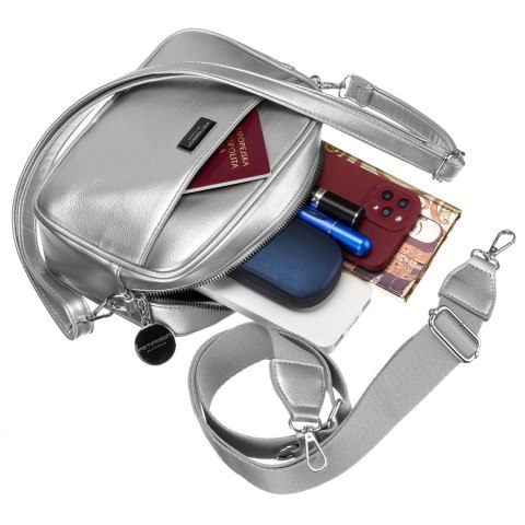 Modna srebrna listonoszka damska z szerokim i wąskim paskiem komplecie Peterson