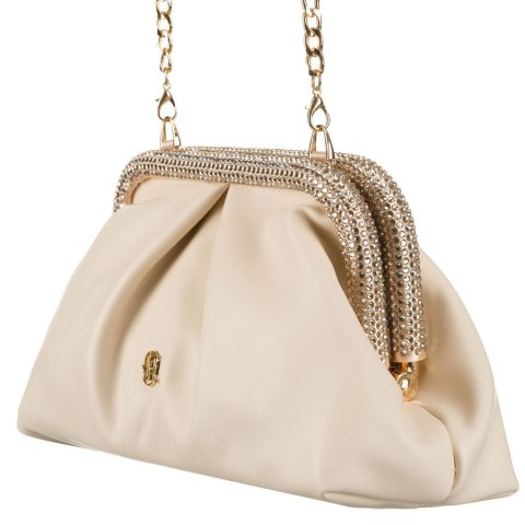 Beżowa kopertówka damska ze skóry ekologicznej zawieszona na łańcuszku - Rovicky