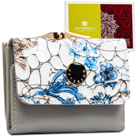 Mały, niebieski portfelik damski ze skóry naturalnej w kwiaty - Peterson