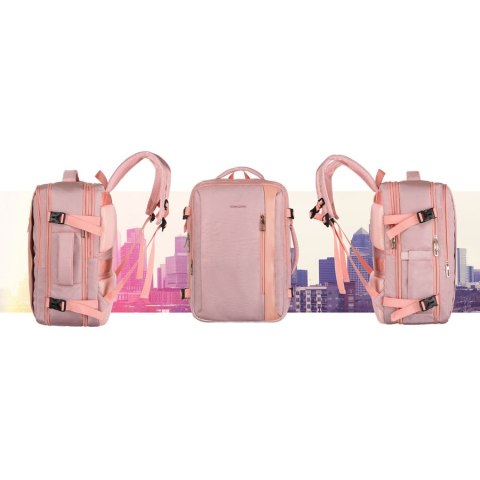 Plecak z miejscem na laptopa wykonany z cordury w różowym kolorze, zawieszony na regulowanych szelkach - Peterson