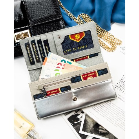 Wielokolorowy, duży portfel damski ze skóry ekologicznej i naturalnej zamykany zatrzaskiem - Peterson