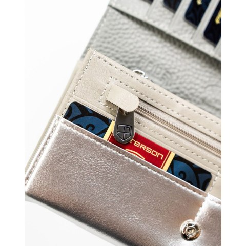 Wielokolorowy, duży portfel damski ze skóry ekologicznej i naturalnej zamykany zatrzaskiem - Peterson