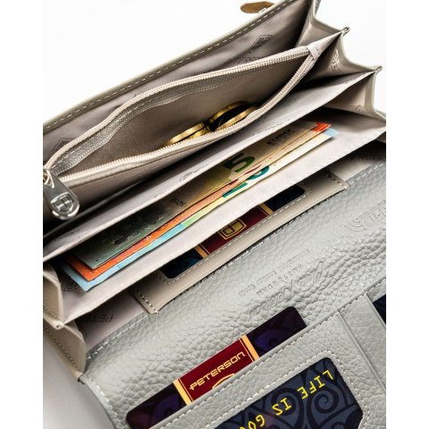 Wielokolorowy, duży portfel damski ze skóry ekologicznej i naturalnej zamykany zatrzaskiem - Peterson