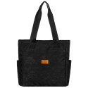 Czarny shopper damski z poliestru zawieszony na wygodnych uchwytach z zewnętrzną kieszonką na suwak - Rovicky Czarny shopper damski z poliestru zawieszony na wygodnych uchwytach z zewnętrzną kieszonką na suwak - Rovicky