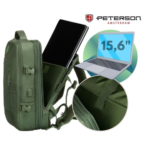 Zielony plecak podróżny z miejscem na laptopa i portem USB - Peterson Zielony plecak podróżny z miejscem na laptopa i portem USB - Peterson
