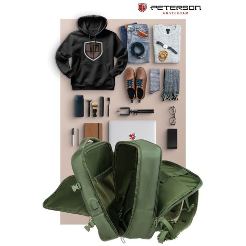 Zielony plecak podróżny z miejscem na laptopa i portem USB - Peterson Zielony plecak podróżny z miejscem na laptopa i portem USB - Peterson