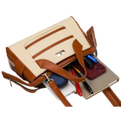 Elegancka torebka damska w kolorach ecru i brązowym wykonana z materiału syntetycznego - Peterson