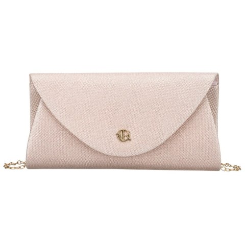 Beżowa, brokatowa kopertówka damska wykonana z tkaniny syntetycznej, zapinana klipsem magnetycznym - Rovicky