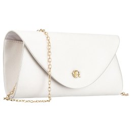 Biała kopertówka damska wykonana z tkaniny syntetycznej zawieszona na łańcuszku - Rovicky