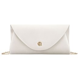 Biała kopertówka damska wykonana z tkaniny syntetycznej zawieszona na łańcuszku - Rovicky