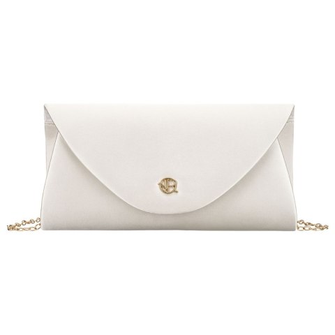 Biała kopertówka damska wykonana z tkaniny syntetycznej zawieszona na łańcuszku - Rovicky