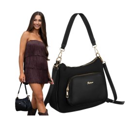 Czarna listonoszka damska z nylonu i skóry ekologicznej zawieszona na uchwytach i dopinanym pasku - Peterson