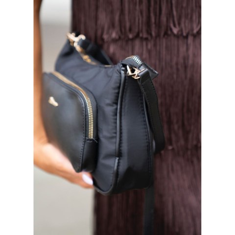 Czarna listonoszka damska z nylonu i skóry ekologicznej zawieszona na uchwytach i dopinanym pasku - Peterson