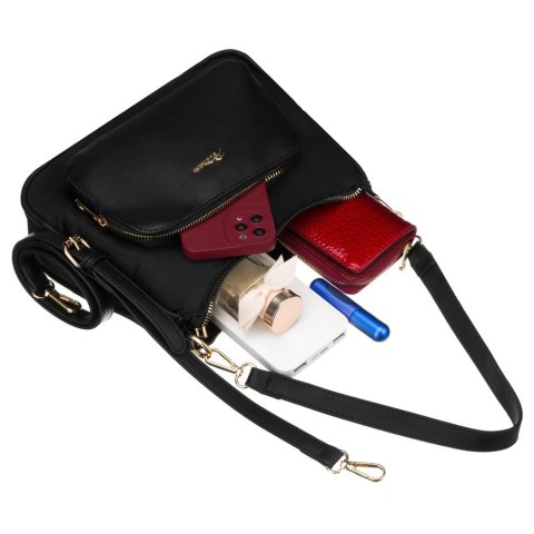 Czarna listonoszka damska z nylonu i skóry ekologicznej zawieszona na uchwytach i dopinanym pasku - Peterson