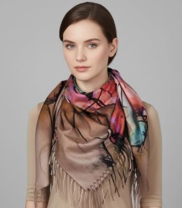 Chusta szal szalik abstrakcyjna wielokolorowa elegancka z frędzlami (Beżowy)