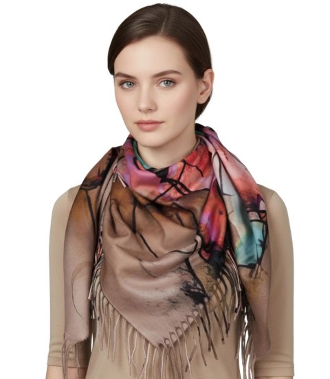 Chusta szal szalik abstrakcyjna wielokolorowa elegancka z frędzlami (Beżowy)