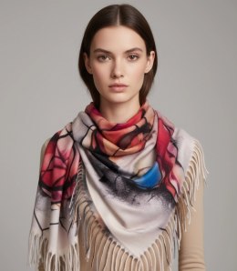 Chusta szal szalik abstrakcyjna wielokolorowa elegancka z frędzlami (Beżowy)