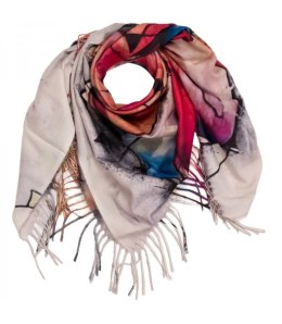 Chusta szal szalik abstrakcyjna wielokolorowa elegancka z frędzlami (Beżowy)