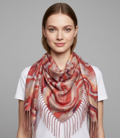 Chusta szal szalik z falistym delikatnym wzorem z frędzlami (Czerwony)