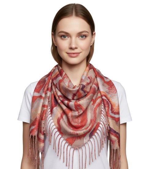Chusta szal szalik z falistym delikatnym wzorem z frędzlami (Czerwony)