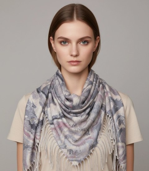 Chusta szal szalik z falistym delikatnym wzorem z frędzlami (Szary)