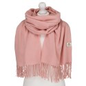 Duży szal damski w różowym kolorze, ozdobiony frędzlami - Peterson