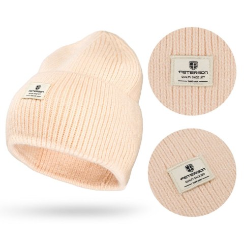Beżowa zimowa czapka damska beanie w uniwersalnym rozmiarze z logo marki - Peterson
