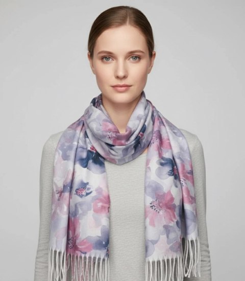 Kwiatowa kobieca chusta szal damski z frędzlami (Szary)