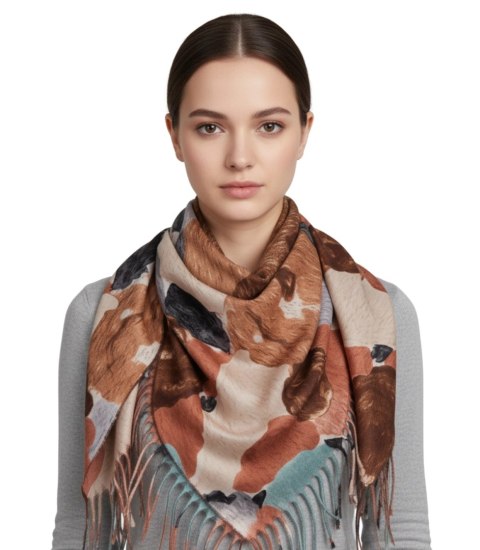 Wielobarwna elegancka chusta damski szal w kwiaty z frędzlami (Brązowy)