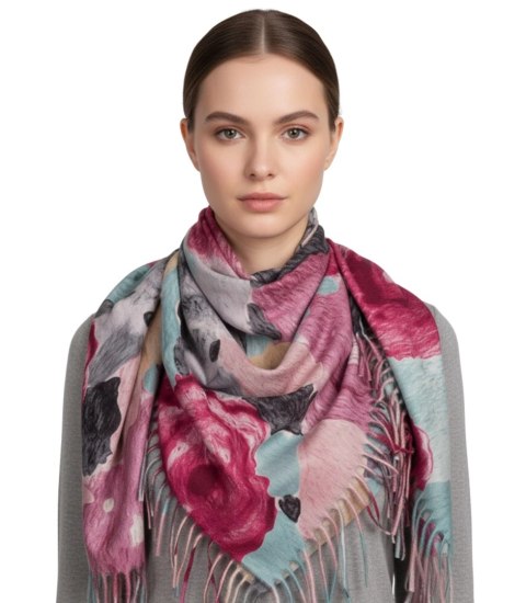 Wielobarwna elegancka chusta damski szal w kwiaty z frędzlami (Niebieski)