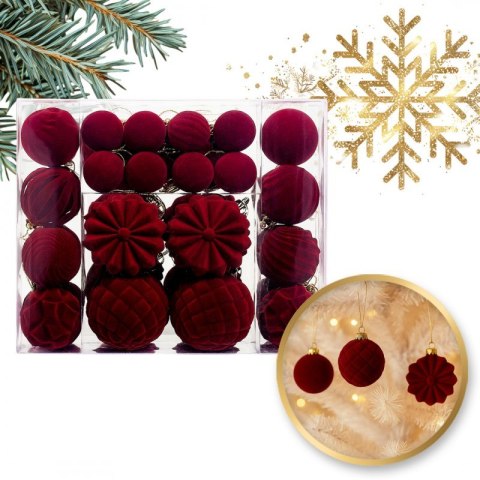 Komplet bombek na choinkę w opakowaniu, bombki welurowe 48szt. bordowe BSN72