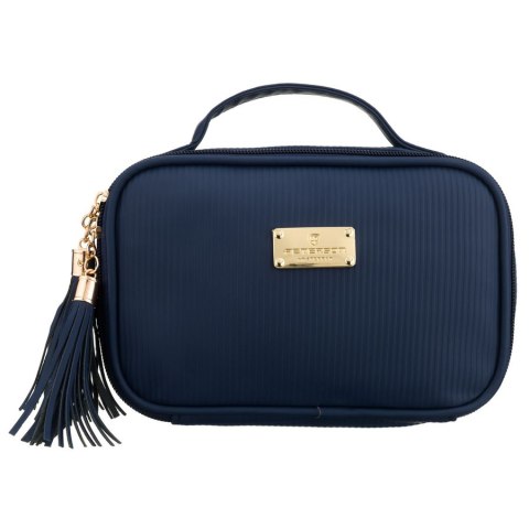 Granatowa kosmetyczka z tkaniny syntetycznej wyposażona w cztery przegródki, jednokomorowa - Peterson